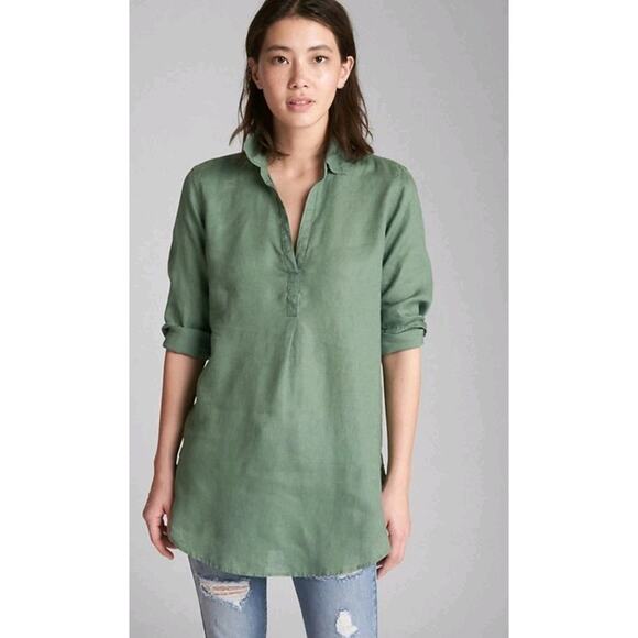 GAP Tops - Gap Womens XS Boyfriend Tunic Top 100% Linen Popover Green Long Sleeve